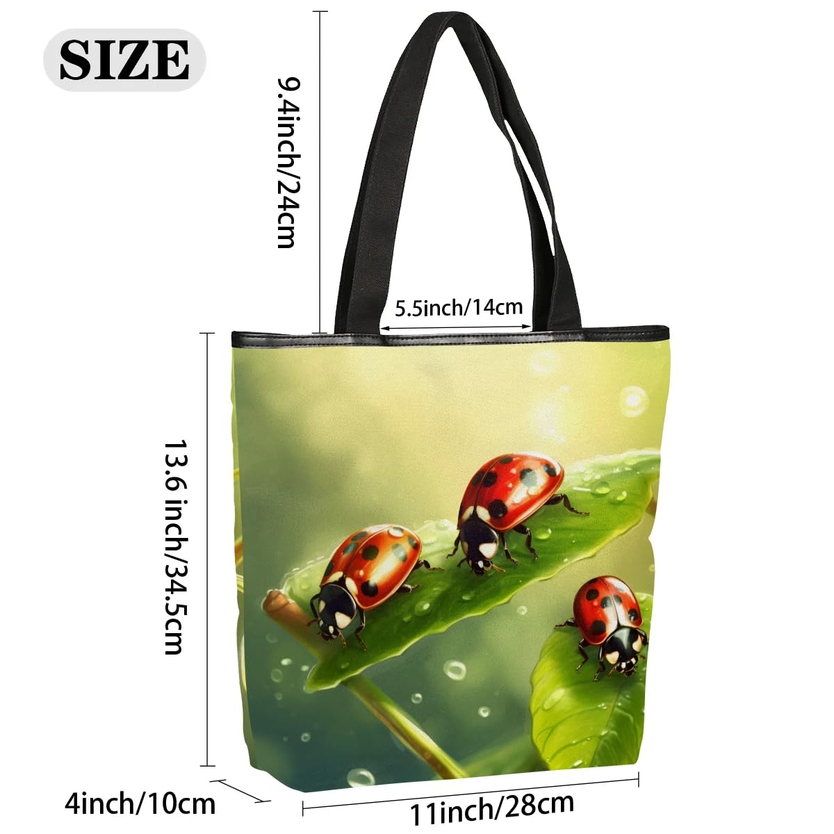 Mularoka Leaf Watercolor Ladybird Canvas Tote Bag with Zipper and Pockets Canvas Tote Shopping Bag Women Reusable Grocery Bag for Beach Travel Gym Shopping