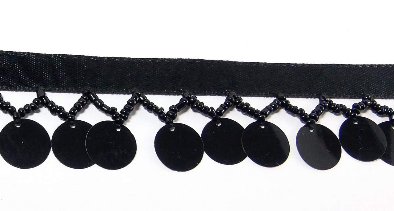 5 Yards Hanging Beaded Fringes- Black Round Sequins Paillettes Charms with Glass Seed Beads On Satin Ribbon Tape for Sewing Quilting Renaissance Dance Hawaiian Bridal Costumes Drapery Decor