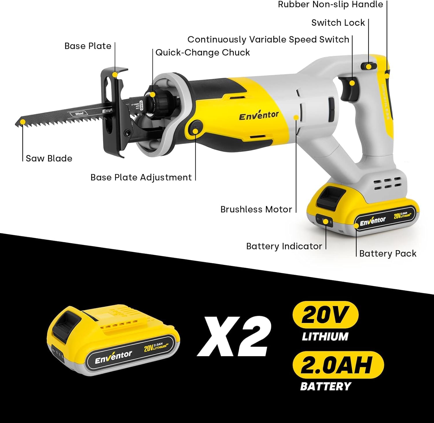 Enventor 20V Brushless Sierra de Sable Batería, Sierra Alternativa Inalámbrica, 2 Baterías 2.0Ah, Velocidad Variable de 0-3000RPM, 5 Hojas de Sierra, Corta Madera, Metal, Plástic, Ramas