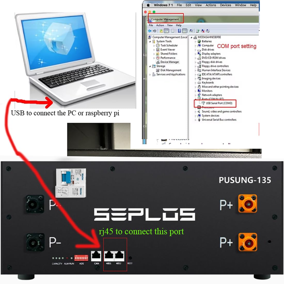 Cavo convertitore adattatore da USB a RJ45 RS485 per Seplos PUSUNG serie SUTEN Smart BMS Connection Software BatteryMonitor (180 cm)