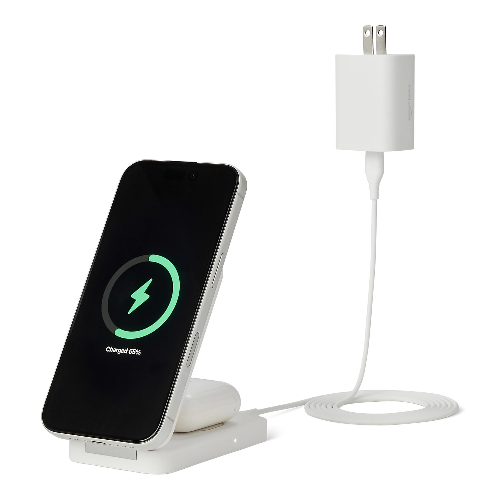 Amazon Basics MagSafe 호환 무선 충전 스테이션, 최대 25W. 고속 충전 Qi2.2 인증 2-in-1 충전기, 아이폰 17/16/15/14/13/12 및 에어팟용 접이식 스탠드, 최대 45W 어댑터, 화이트