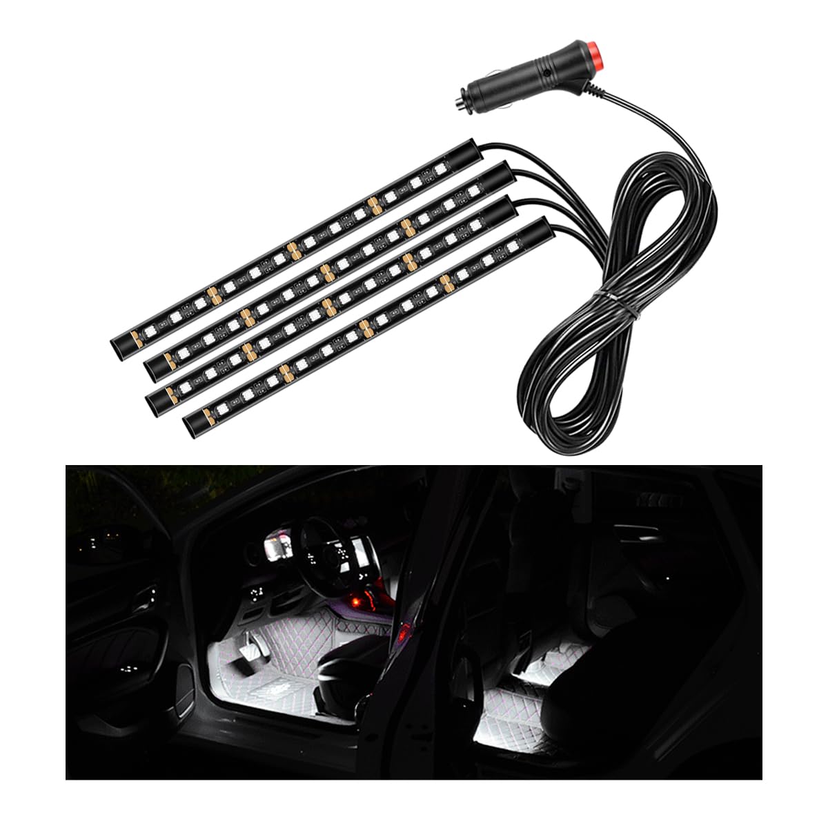 Car LED Strip Light, 48 LEDs RGB Neon Interior Atmosphere Lights, 12V Under Dash Ambient Night Light, Cigarette Lighter Auto Interior Decorative Lamp, Car Accessories (White)