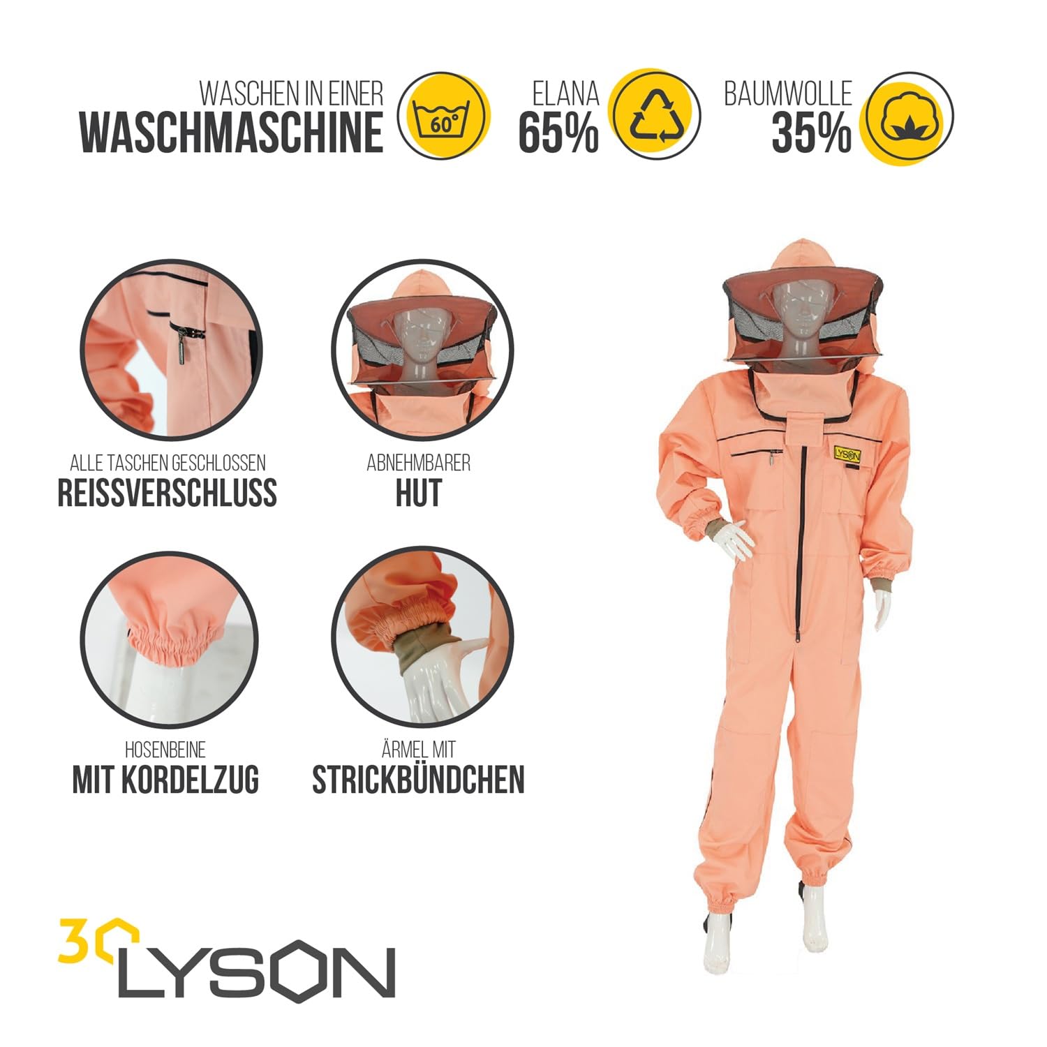 LYSON Imkeranzug mit Schleier, Bündchen an den Ärmeln und Beinen Imkeroverall Professionelle Imkerbekleidung mit abnehmbarem Hut, abnehmbarer Mütze Lachsfarbe Grösse M