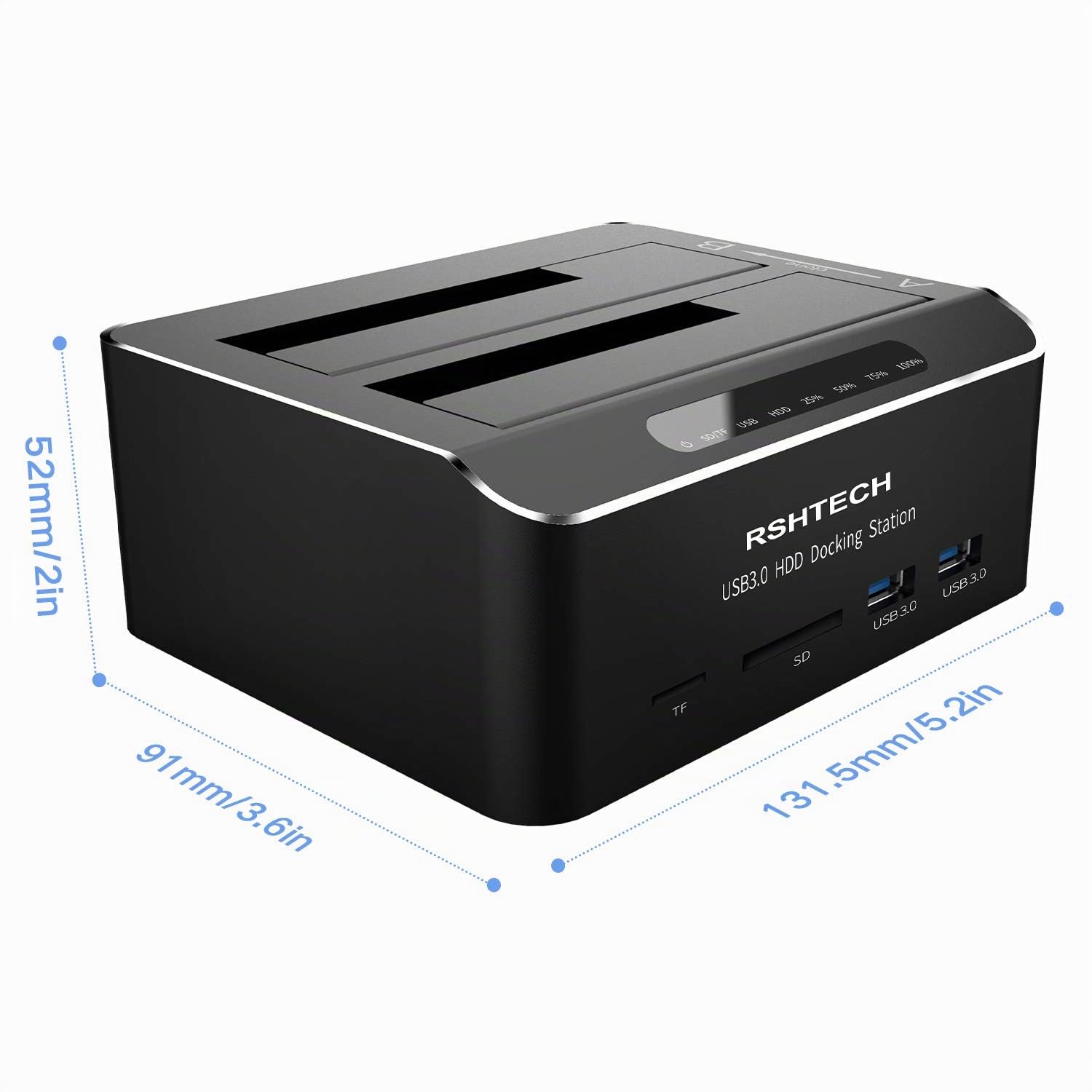 RSHTECH Aluminium Stations d'accueil USB 3.0 Double Baie, Dock Disque pour Disque Dur 2,5"/3,5" SATA HDD SSD, Fonction Clonage Hors Ligne Prend en Charge UASP et 2 x 16 TB, 6 Gbit/s, SD/TF, RSH-DS02