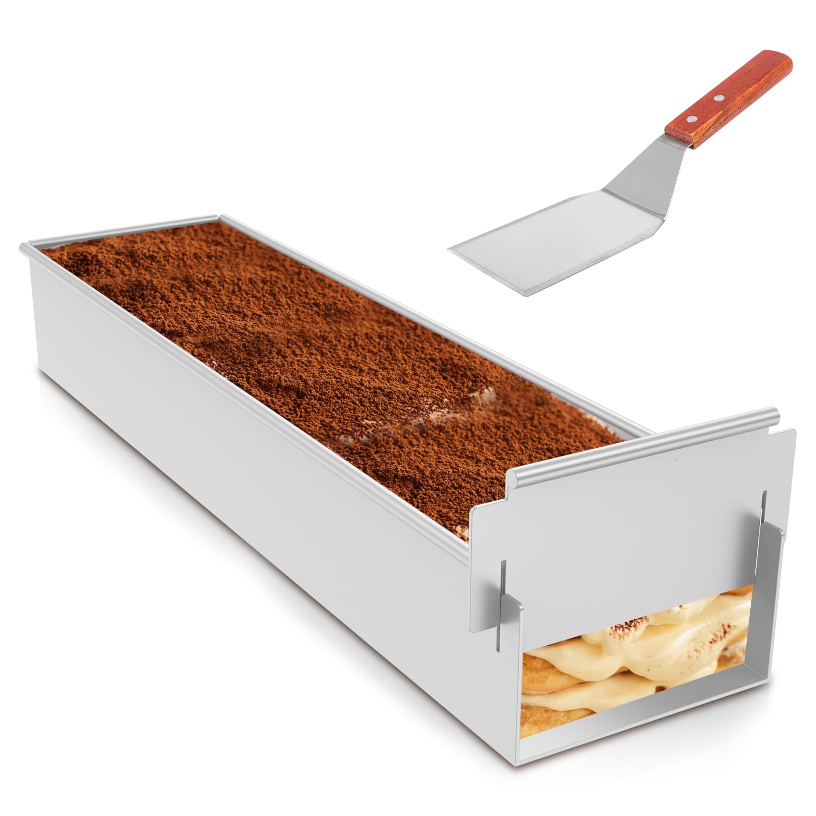 Rectangle Cake Mold, Rectangle Cake Pan with Cake Server, Nonstick Tiramisu Pan, Aluminum Alloy Mousse Molds, Adjustable Cake Baking Tray with Removable Side Panel for Cheesecake Dessert (Silver A)