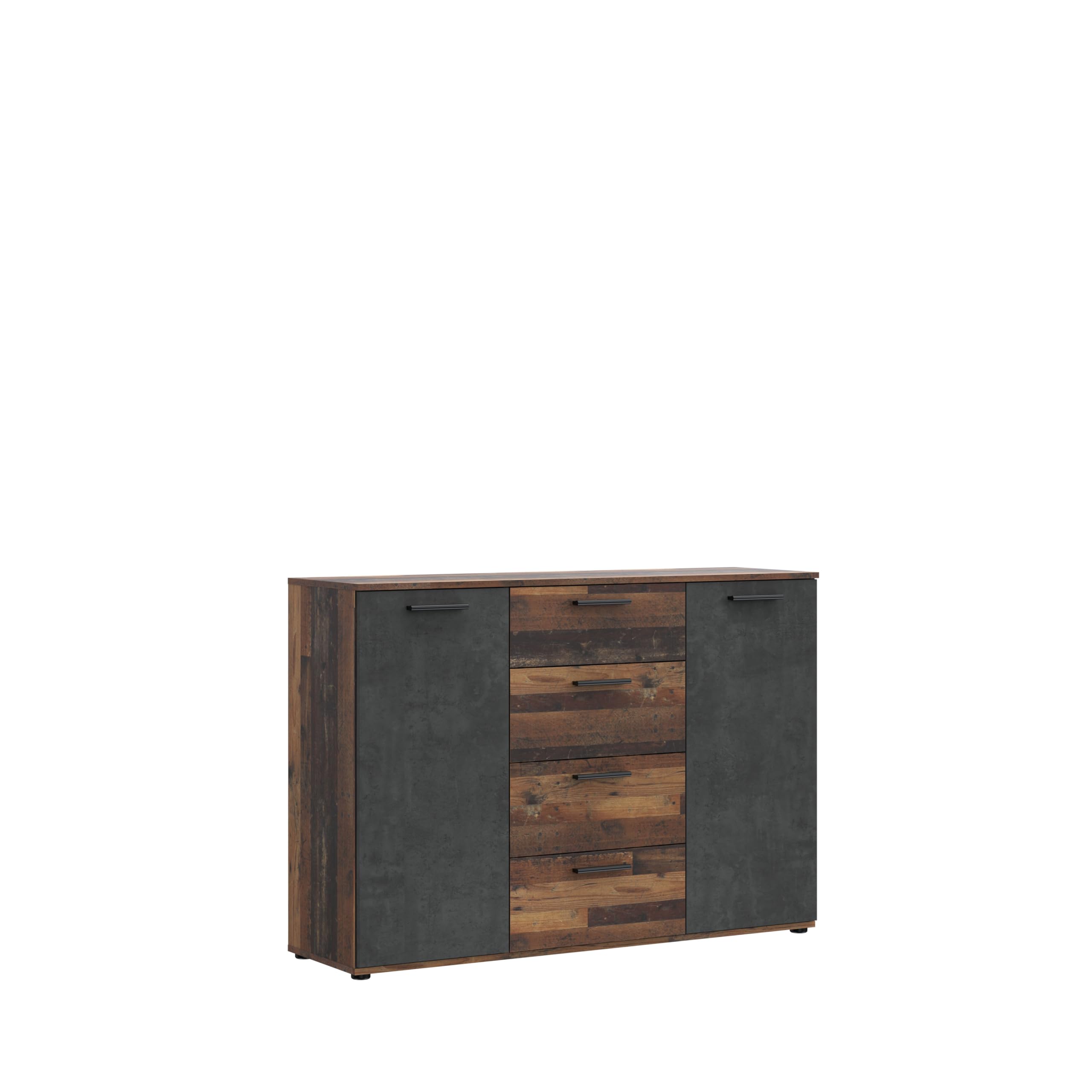 Forte ATTALYAR Kommode mit 4 Schubladen und 2 Türen, Holzwerkstoff, Old – Wood Vintage/Betonoptik Dunkelgrau, B x H x T: 129,6 x 91,3 x 38 cm