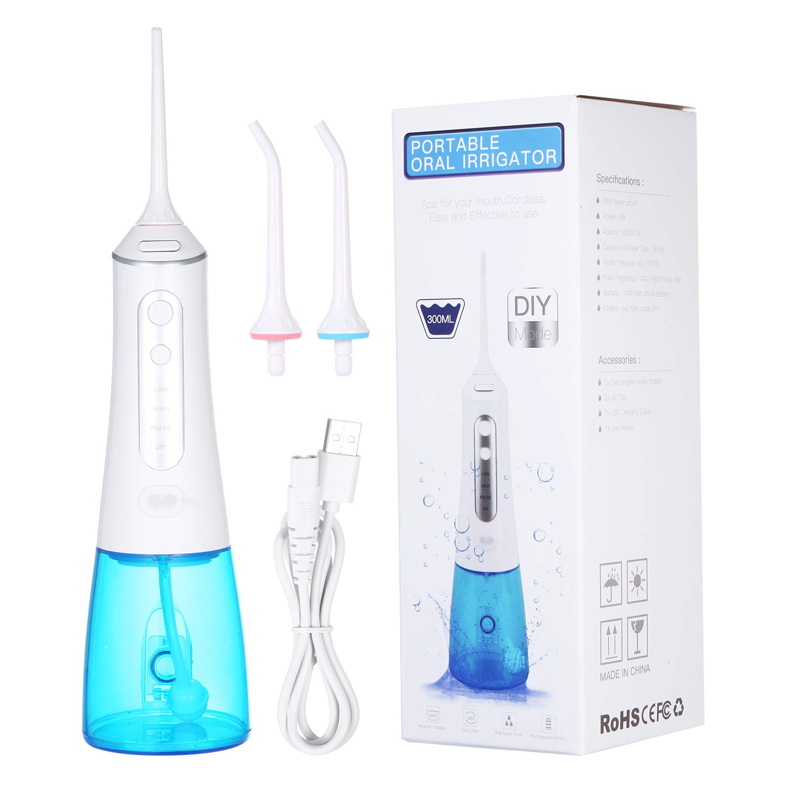 Andoer Cordless Water Flosser, GoolRC Dental Oral Irrigator with DIY Mode 300ml Water Tank IPX7 Waterproof Portable USB Rechargeable Teeth Cleaner for Travel Home Office with 2pcs Jet Tips