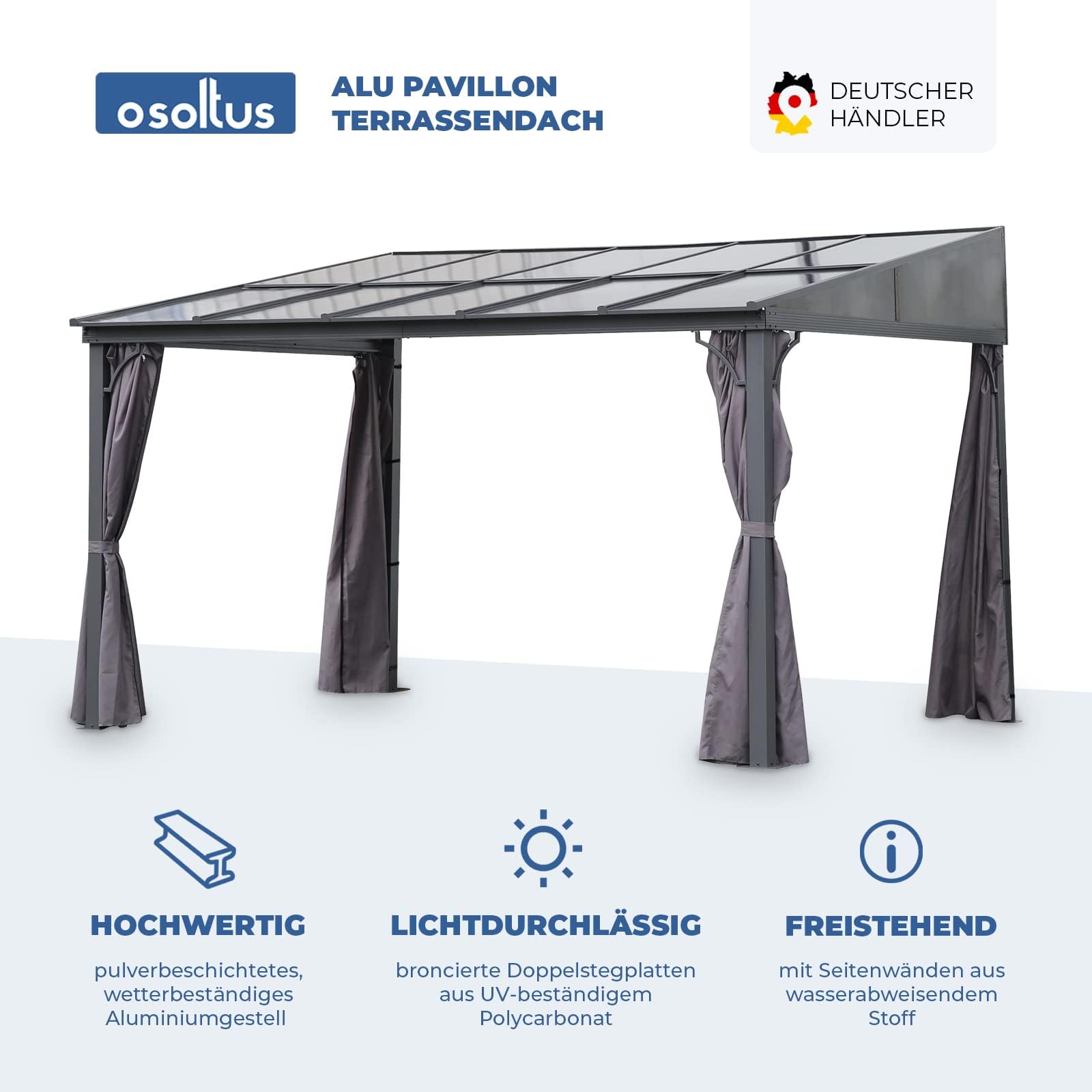Terrassendach Toledo | Terrassenüberdachung Gartenpavillon lichtdurchflutet Aluminium | Hardtop Pavillon 12 m² - 4 x 3 m (B x T) anthrazit incl. 270° Wind- und Regenschutz