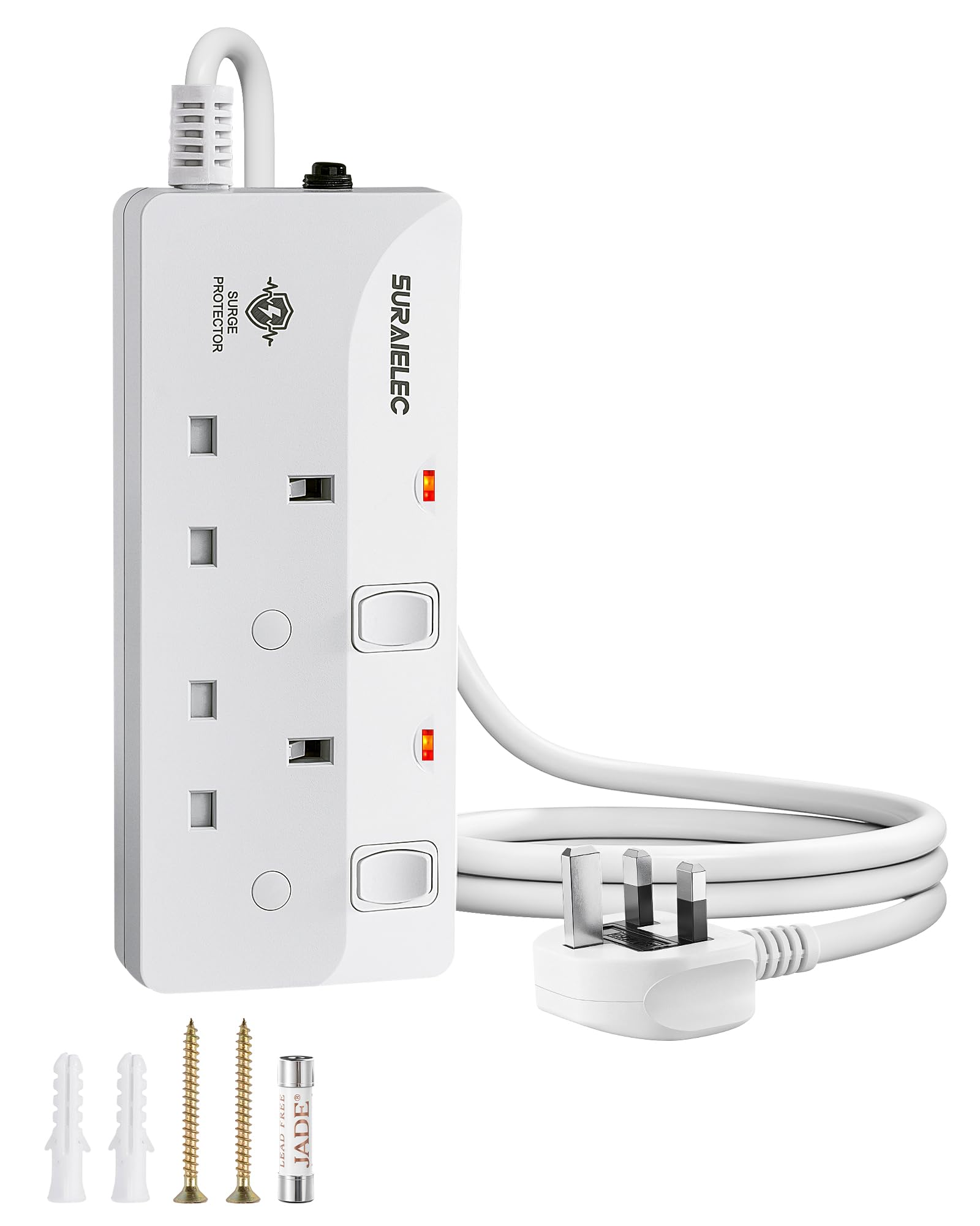 SURAIELEC 2 Gang Extension Lead 1.5M, Individual Switches, Surge Protected