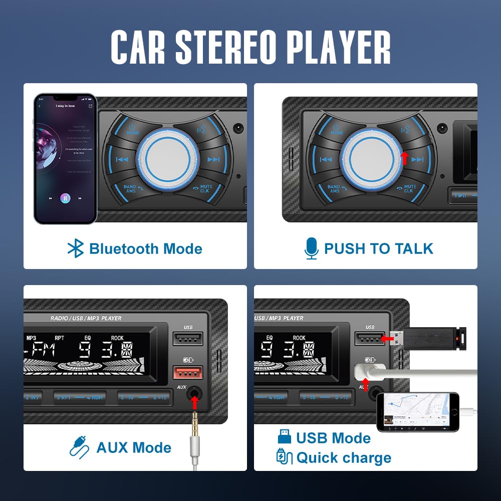 Kunfine Audio Systems Car Stereo - Single Din, Voice Control, Bluetooth, No CD DVD Player, FM Radio Receiver, Wireless Remote Control, MP3, 2 USB(2.1A Charger), Aux-in