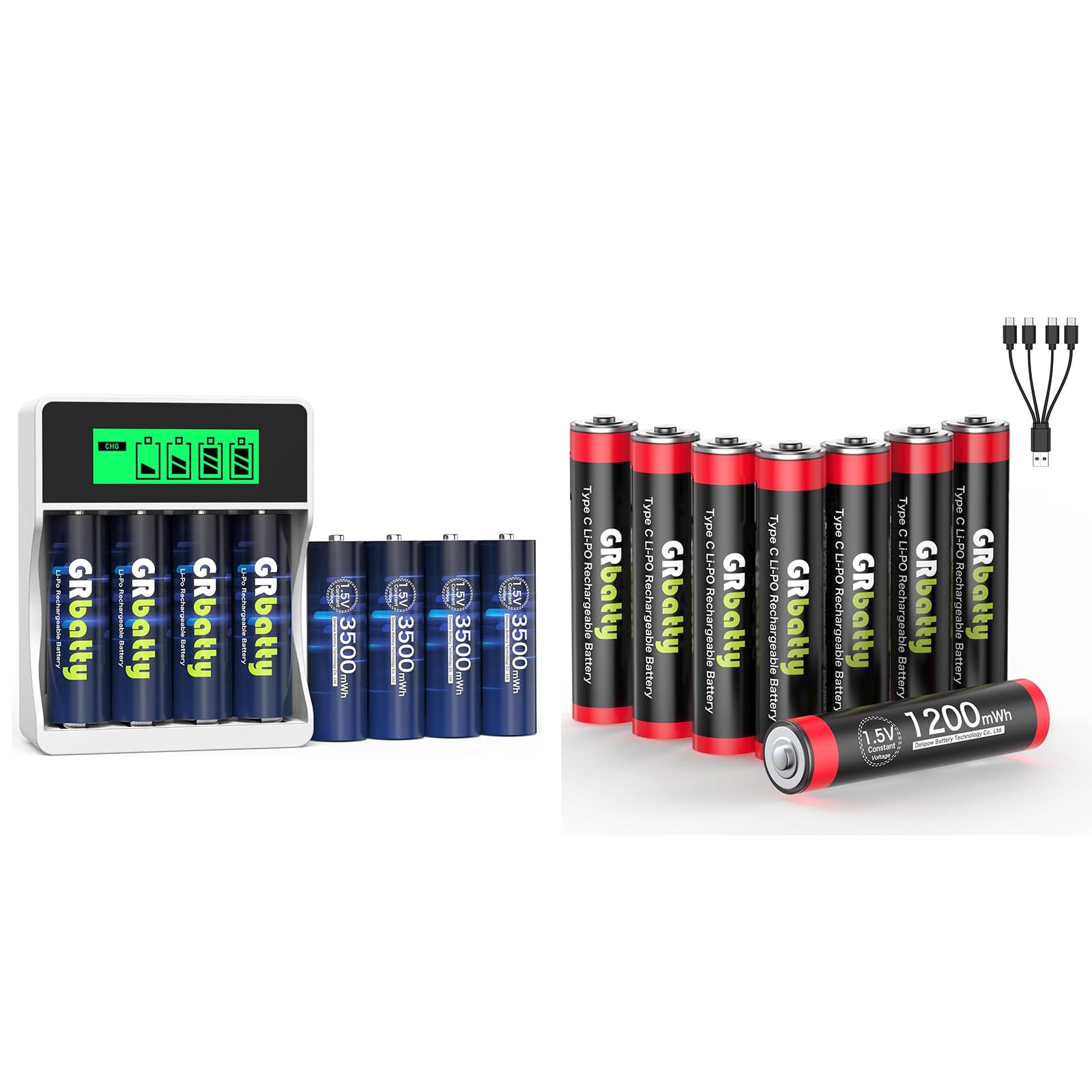 GRbatty AA/AAA Rechargeable Batteries Lithium, 3500mWh 1.5V with 2 Hours Fast USB and LCD Rechargeable Battery Charger