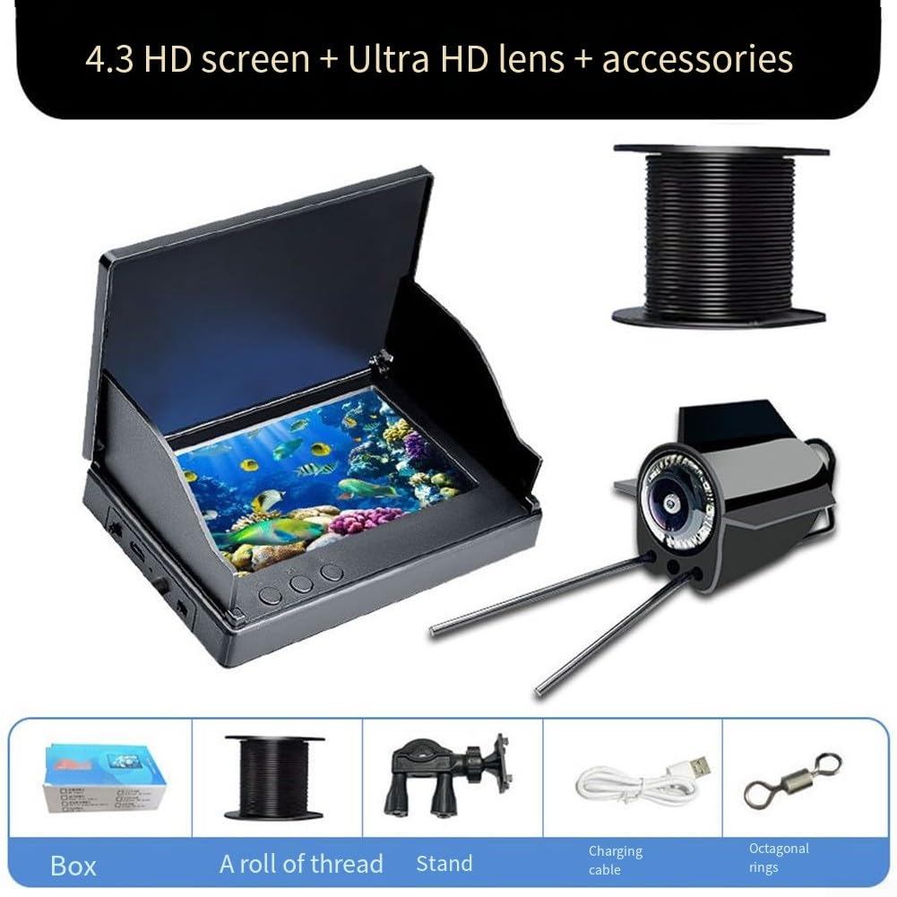 Eawfgtuw Telecamera per pesca subacquea con display notturno, accessori per la pesca, monitoraggio subacqueo, visione grandangolare a 220 gradi, per pesca su ghiaccio, lago, fiume, mare, cercatore di