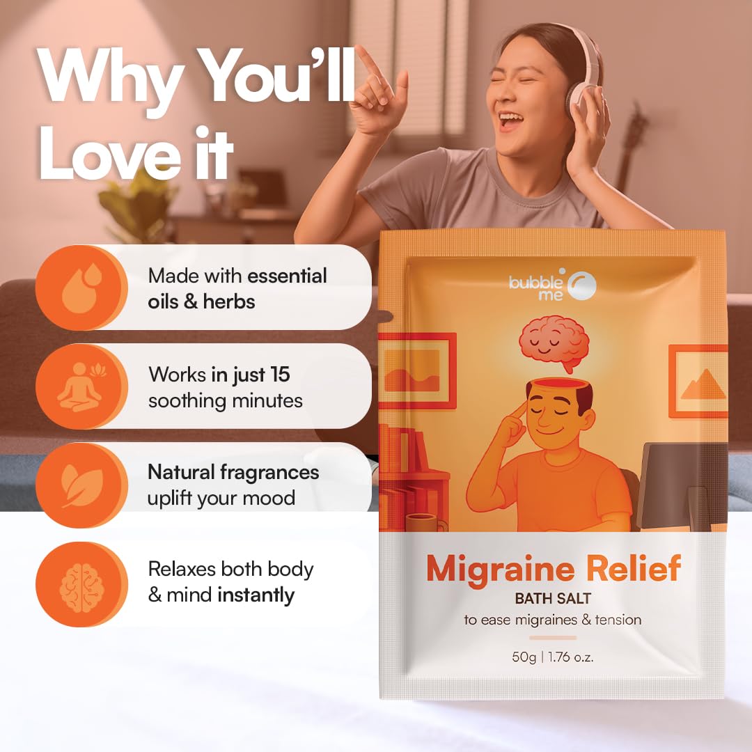 Bubble Me Migraine Relief Bath Salt (100gm x 2) | Soothing Bath Soak with Peppermint, Lavender & Epsom Salt | Calms Headaches & Mental Fatigue | Natural, Vegan & Paraben-Free - Image 4 thumbnail
