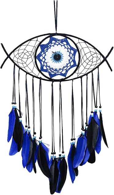 FuninCrea Evil Eye Dream Catcher, Handmade Dreamcatcher with BlueFeathers, Boho Dream Catchers with Beads, Evil Eye Hanging Wall Decor for Wedding, Living Room, Bedroom, Dormitory (Black)