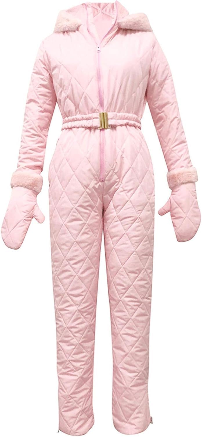 Traje de esquí para Mujer Traje de Nieve para Mujer Mono Moda Delgado Traje de esquí a Prueba de Viento Deportes al Aire Libre con Collar de Pelo Traje de esquí con Guantes (Rosa,M)