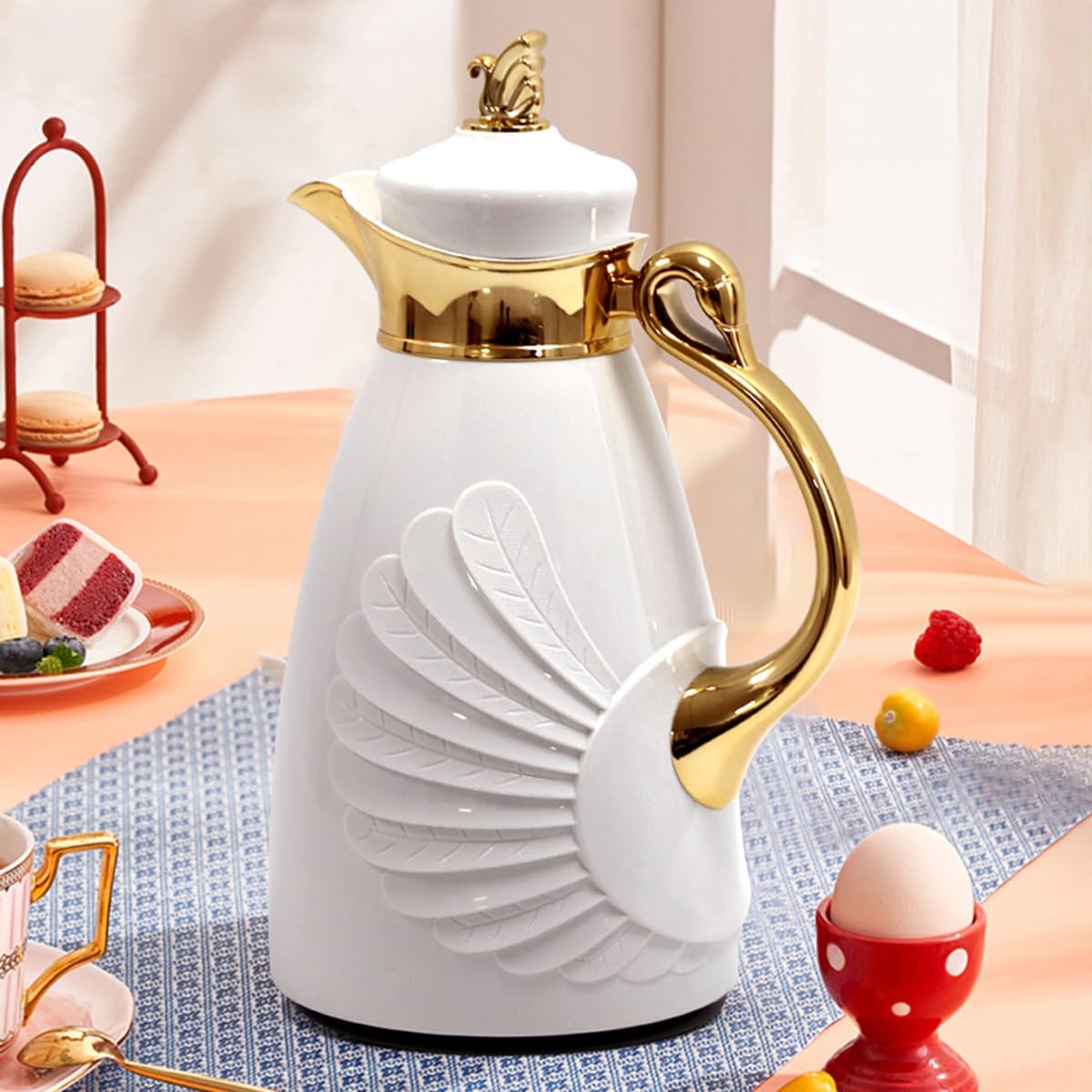Izolowana karafka do kawy 1 l / 970 ml izolowana próżniowo termos termos karafki do kawy z wylewką szklana wkładka do herbaty kawy wody ze złotą pokrywką uchwyt w kształcie łabędzia