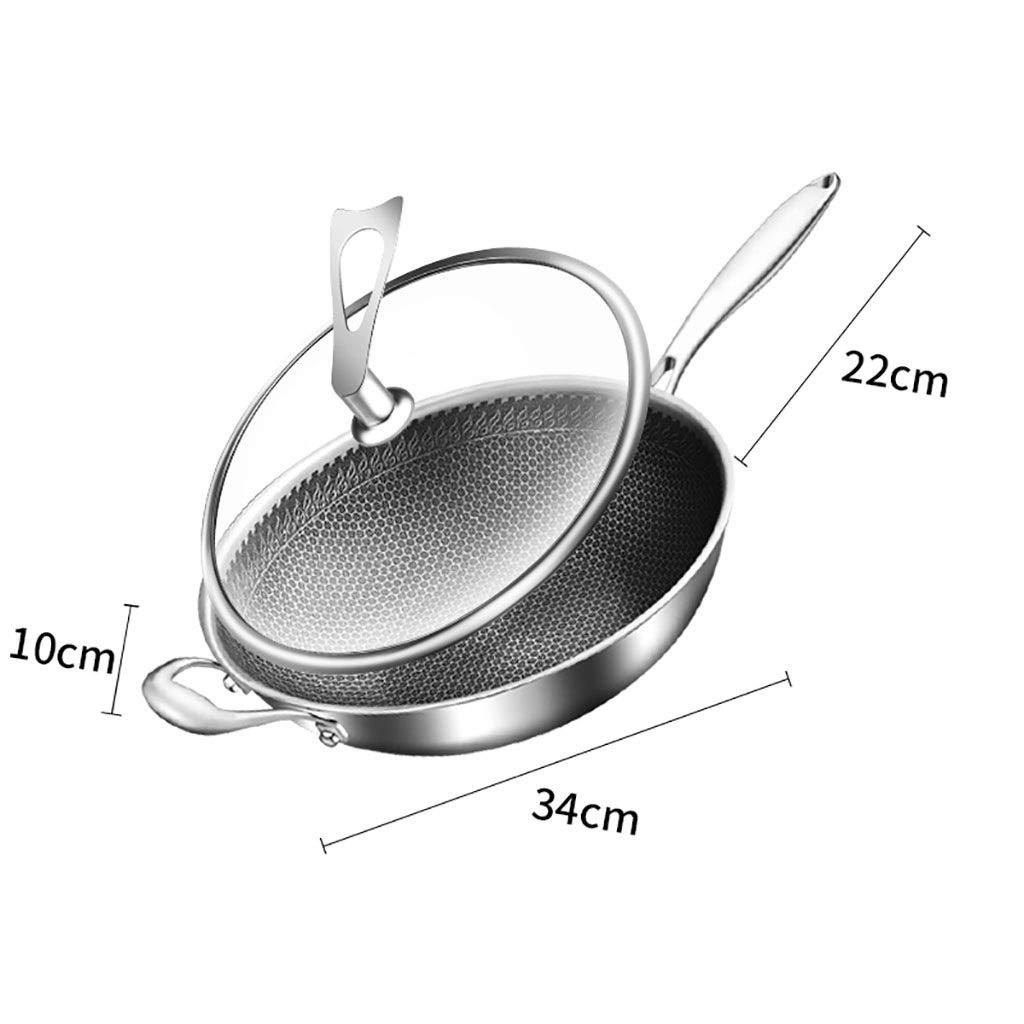 SH-chaoguo Fry Wok/Frying Pan/ 304 Stainless Steel Uncoated Non-Stick Pan/Cooking Pan with Lid (32/34 Cm), for Induction Cooker,Gas Stove (Size : 34cm)