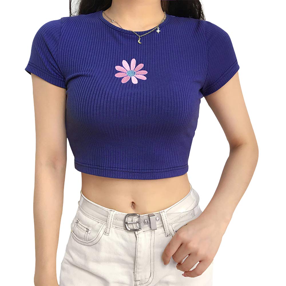 maliannaWomen Flower Embroidery T-Shirts Harajuku Kawaii Short Sleeve Crop Tees