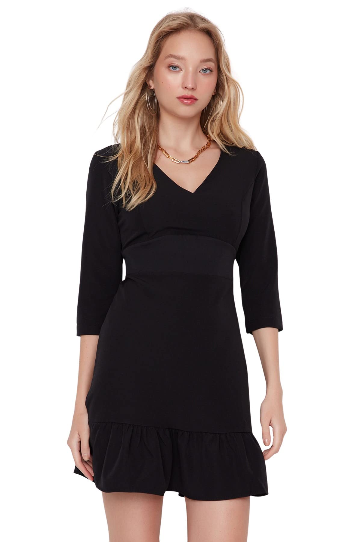Trendyol Damen Schwarz Regular Gerüschter Saum V-Ausschnitt Webstoff Kleid, 42