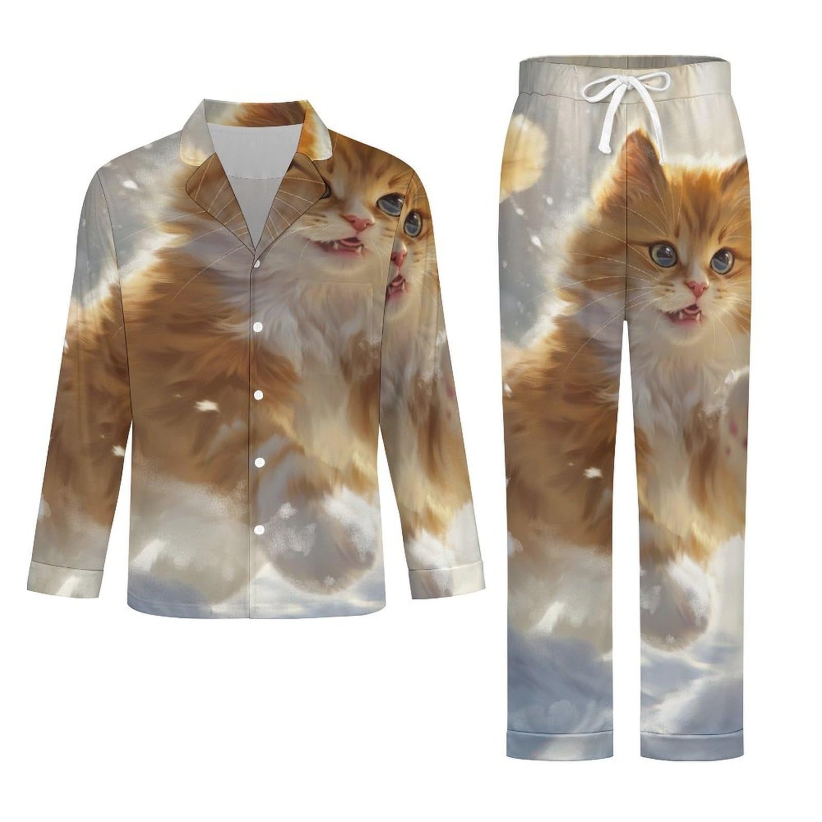 OLEETS Completo Pigiama da Uomo 2 Pezzi - Gatto delle Nevi Pigiama Invernale Completo con Top E Pantaloni 2 Pezzi Morbido E Confortevole Casual da Notte