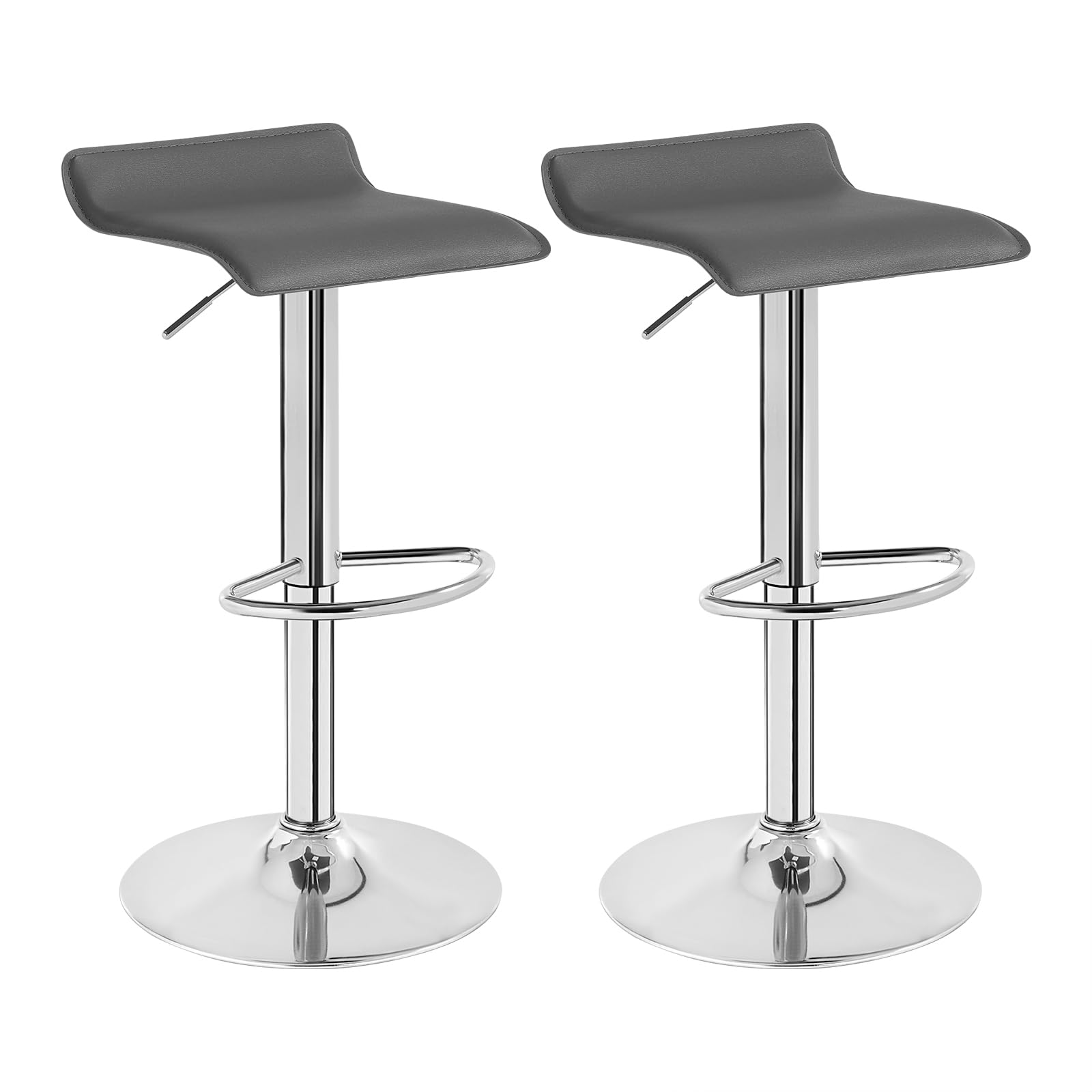 WOLTU 2 x 360° Swivel Kitchen Stools, Adjustable Height Bar Stools with Footrest, High Stools with PVC Seat for Dining Room, Living Room and Cafeteria, Grey+Silver
