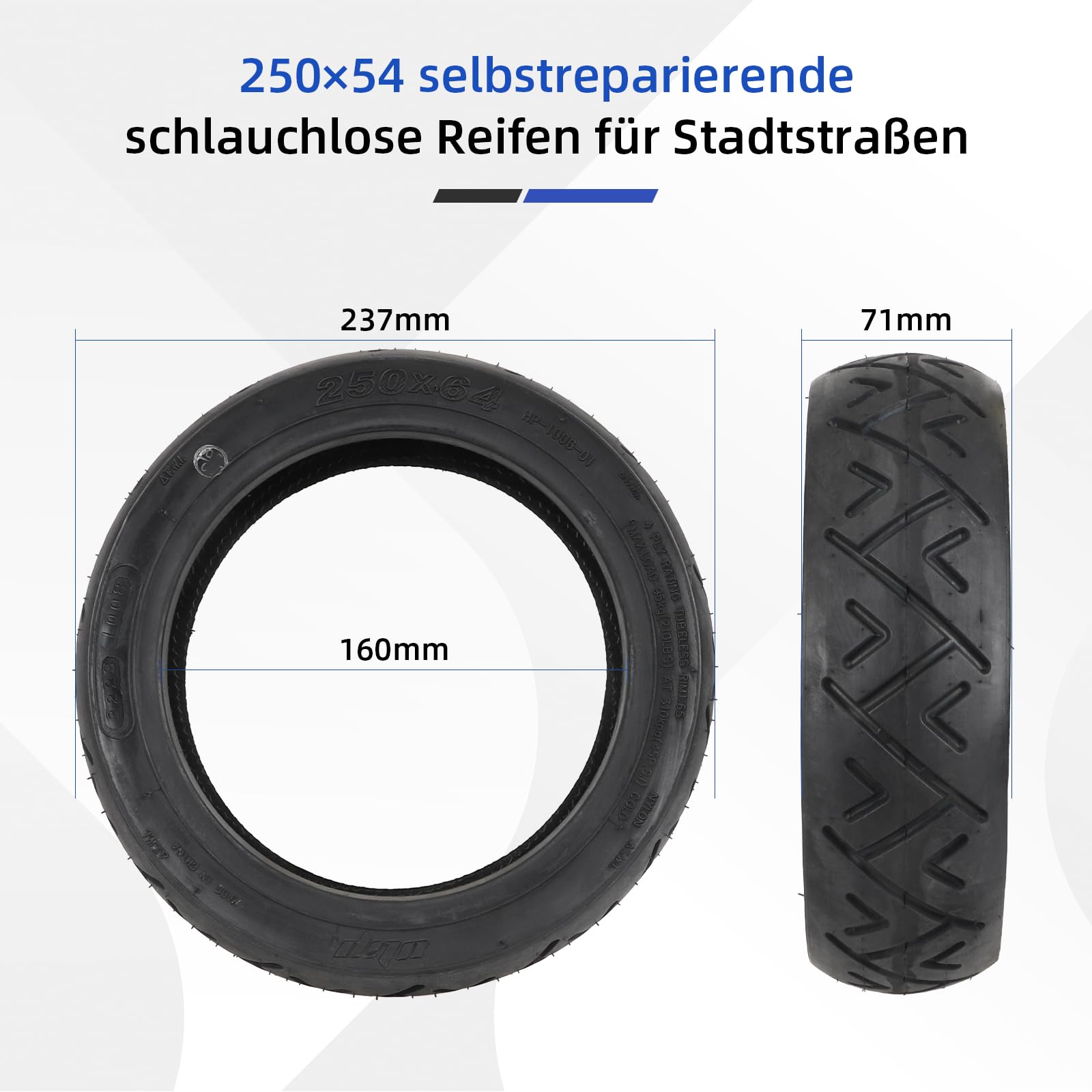 ulip Lot de 2 pneus à vide 250 x 64 - 10" - Avec colle en direct intégrée - Réparables - Pour scooter Xiaomi 4 Ultra Navee S65 S65C