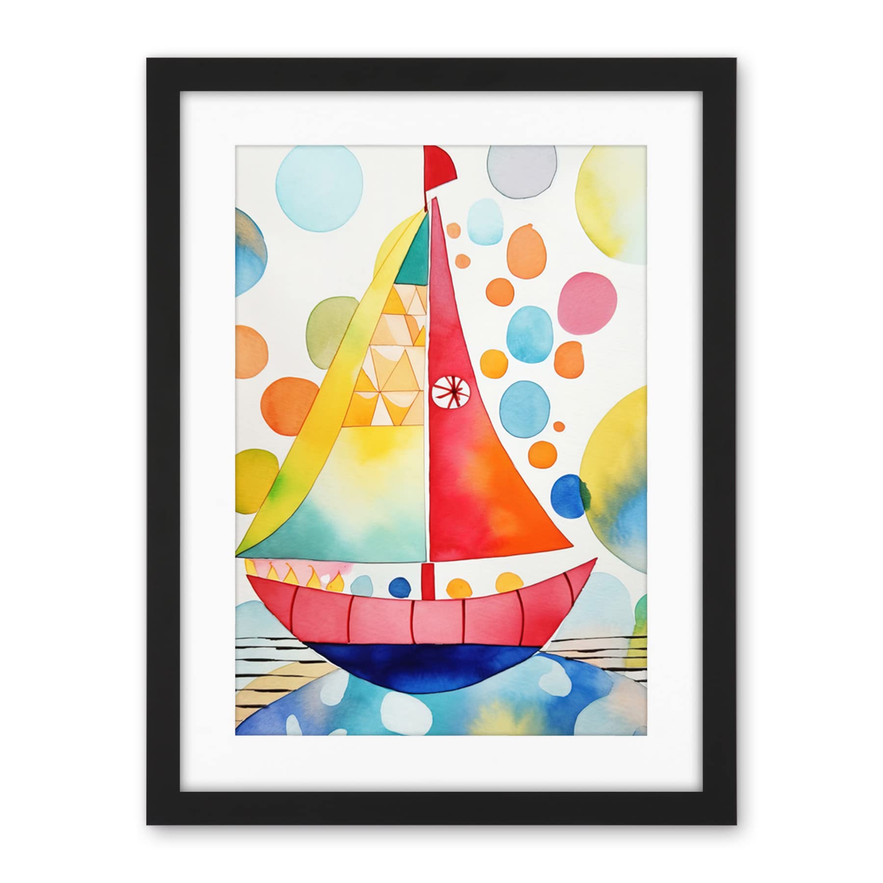 Artery8 Sailboat At Sunset Folk Art Artwork Framed Wall Art Print 18X24 Inch