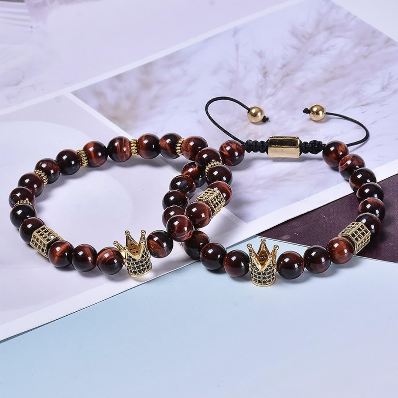 Schmuckarmbänder Krone mit Zirkonia für Sie und Ihn, Partnerarmband Tigerauge, 8 mm, handgefertigt, 18 cm. Haushaltsarmaturen