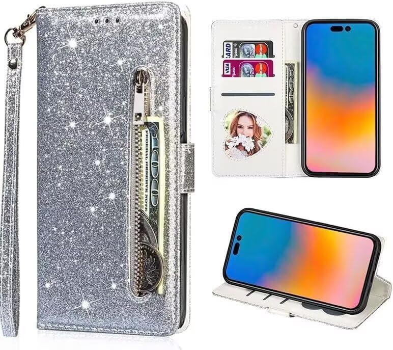 Belzsxy Funda para Huawei P20 Lite, Funda de teléfono de Cuero Brillante Brillante Brillante Libro Flip Stand Card Wallet con Cubierta Protectora Magnética Carcasa (Plata)