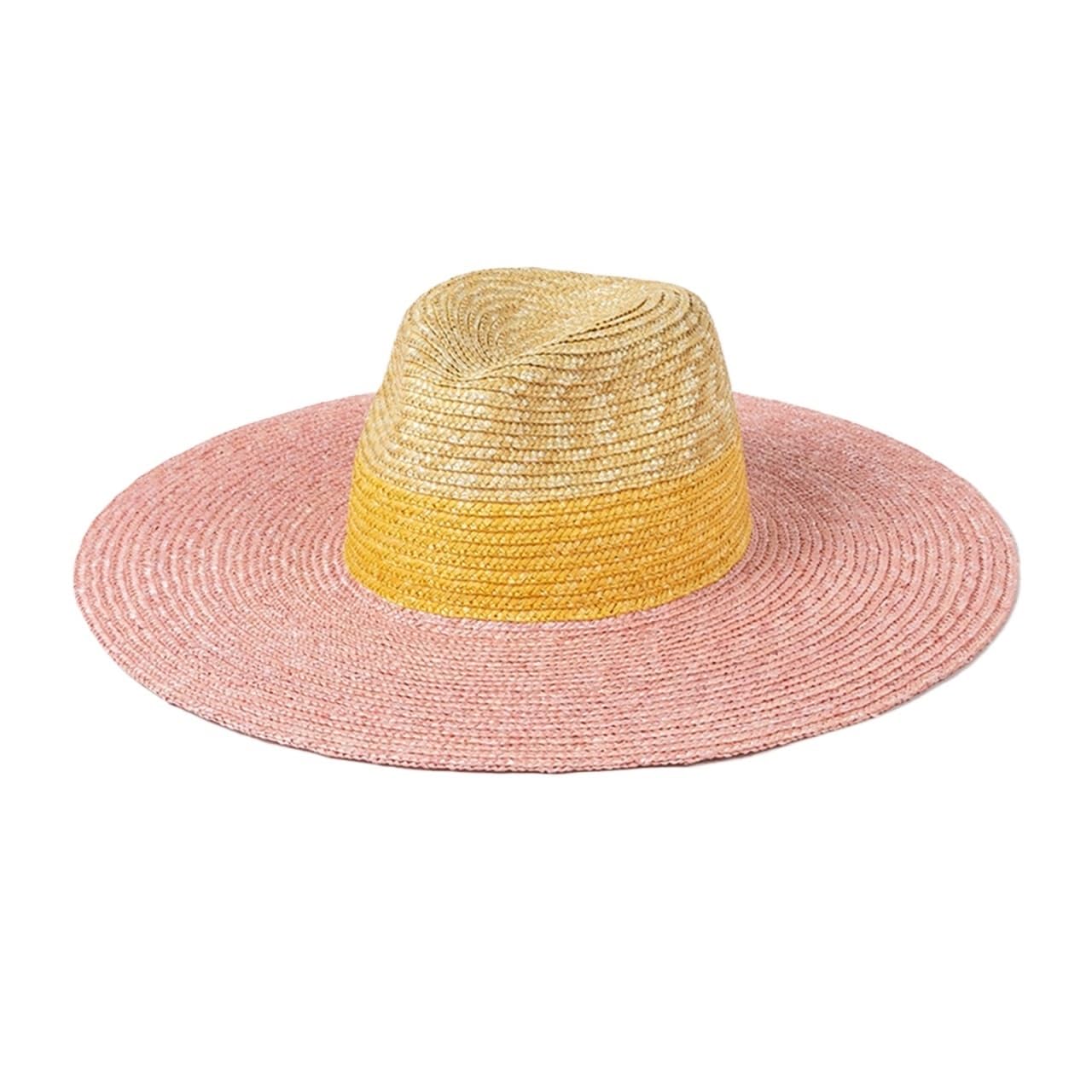 Cappello Fedora estivo da donna in paglia con tesa rosa a blocchi di colore, cappello da sole a tesa larga per protezione UV all'aperto, stile casual