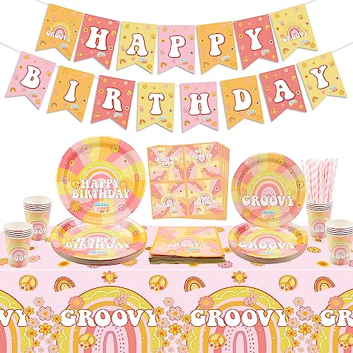 Decorações de festa Groovy, inclui bandeira de aniversário boho hippie, toalha de mesa, pratos de papel, copos, guardanapo para festa de aniversário retro, duas festas de aniversário Groovy, para 20