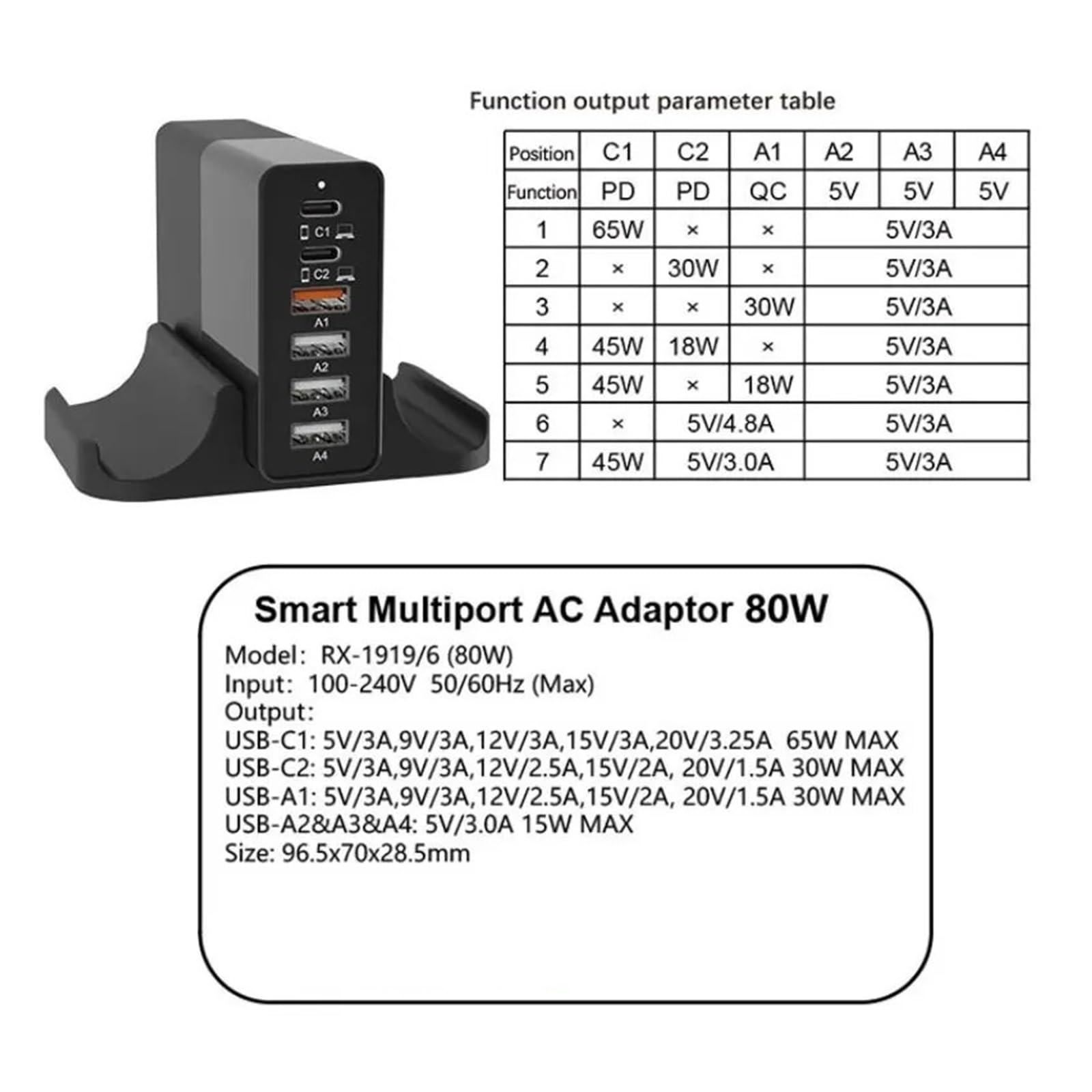 Ładowarka USB 80 W Wieloportowa Stacja Ładująca Szybkie Ładowanie Zasilacz Stacjonarny PD TypeC 6 Portów QC3.0 MożLiwość Szybkiego łAdowania