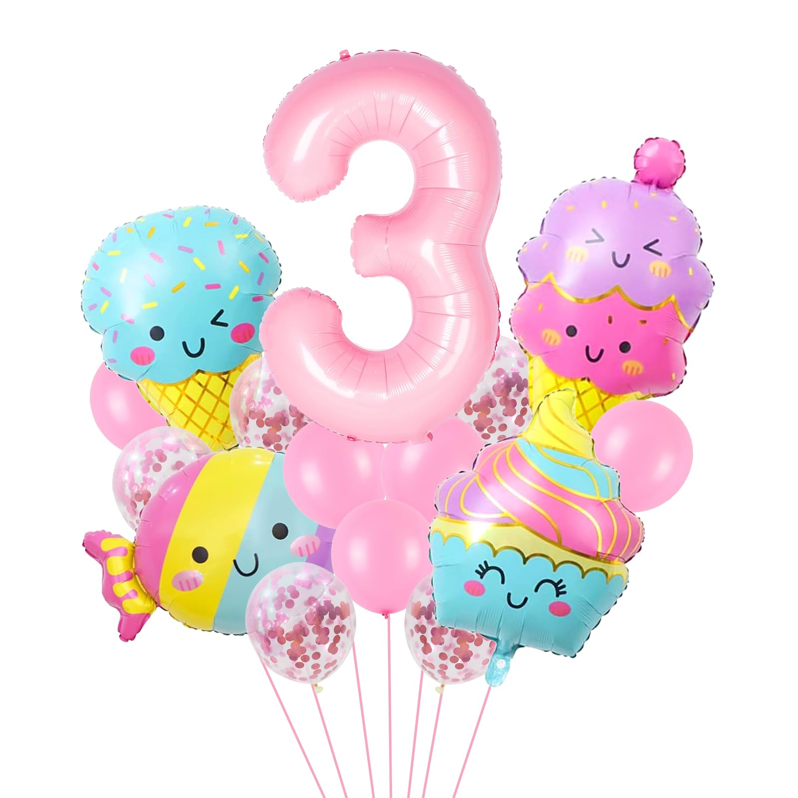 Ice Cream Balloons Number 3 Balloon 40 Inch, 3rd Birthday Decorations for Girls, 3 Balloon Number for Candy Birthday Party Decorations