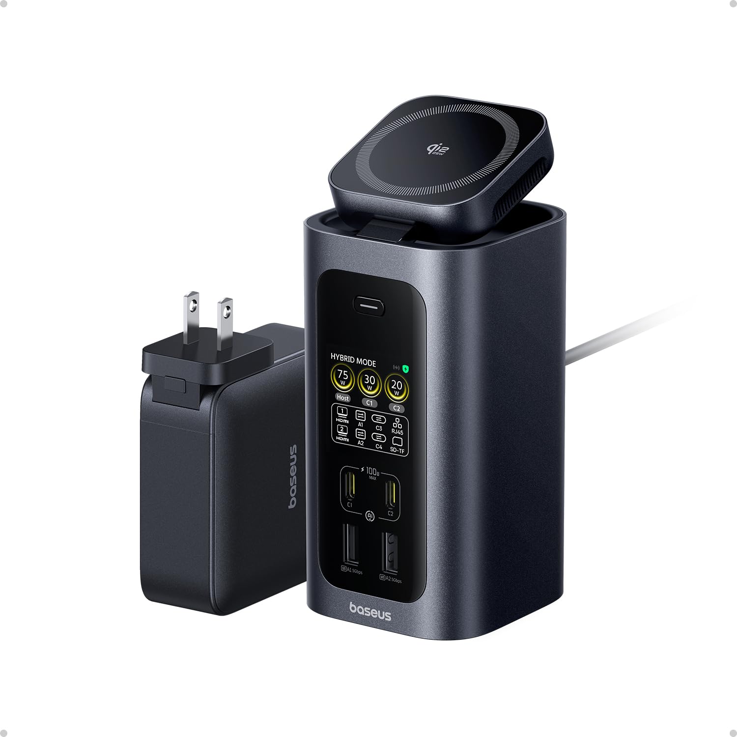 Baseus Spacemate RD1 Pro Docking Station 15 in 1, doppio monitor, uscita massima 160 W per 4 dispositivi, HDMI 4K a 120 Hz, USB C 10 Gbps, ricarica wireless Qi2.2 da 25 W, alimentazione GaN per laptop