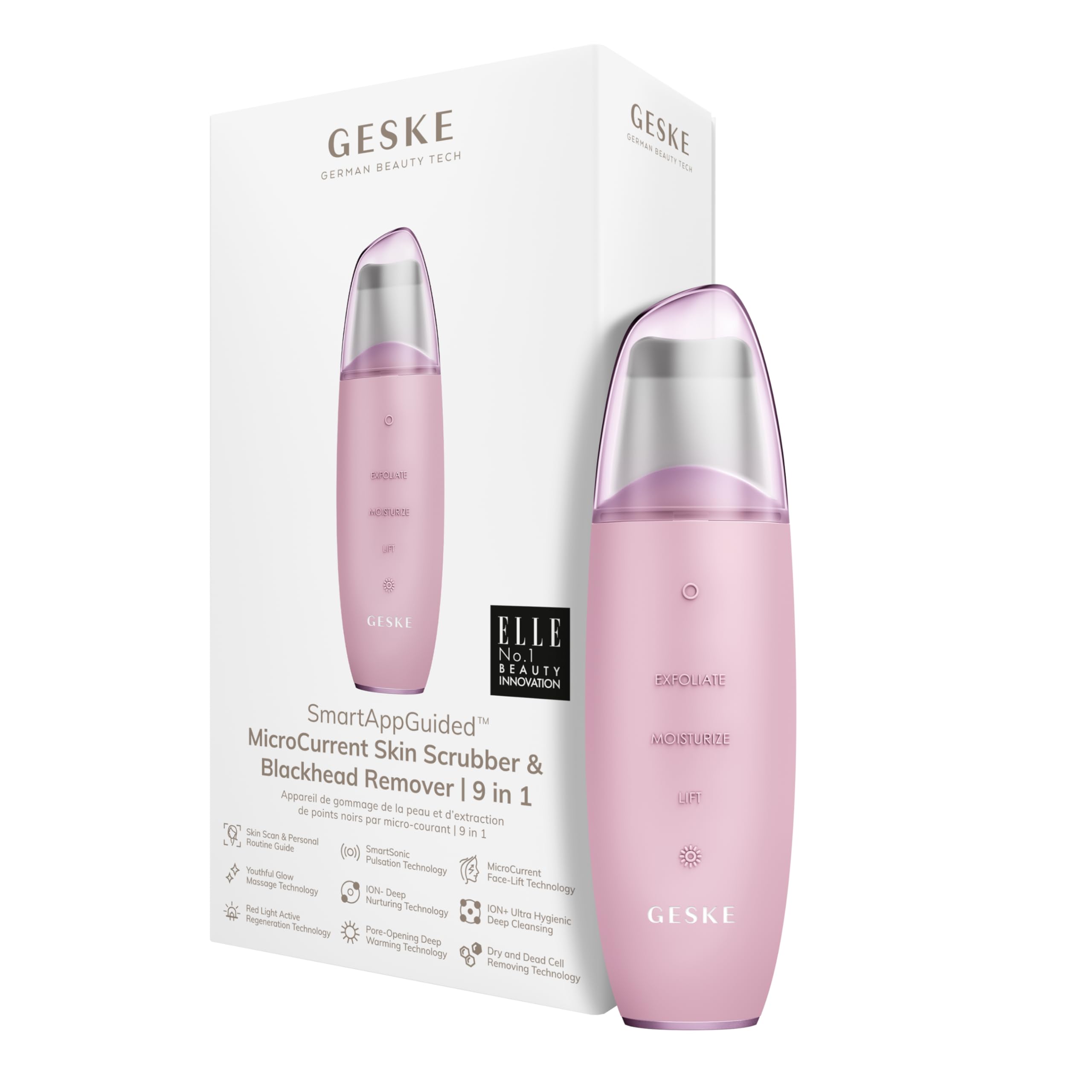 GESKE SmartAppGuided MicroCurrent Skin Scrubber & Blackhead Remover, 9 in 1, Skincare Tools, Face Cleaning, Anti Ageing and Cleansing, Professional Face Tightening, Blackhead Remover Pink