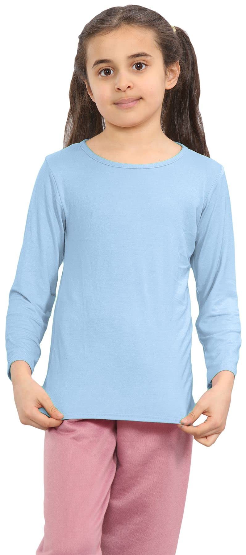 Janisramone Camisas Escolares para Niña - Elásticas y Cómodas Cuello Redondo Colores Pastel Camisetas para Niña - Tops Casuales de Manga Larga para Niña Azul Cielo