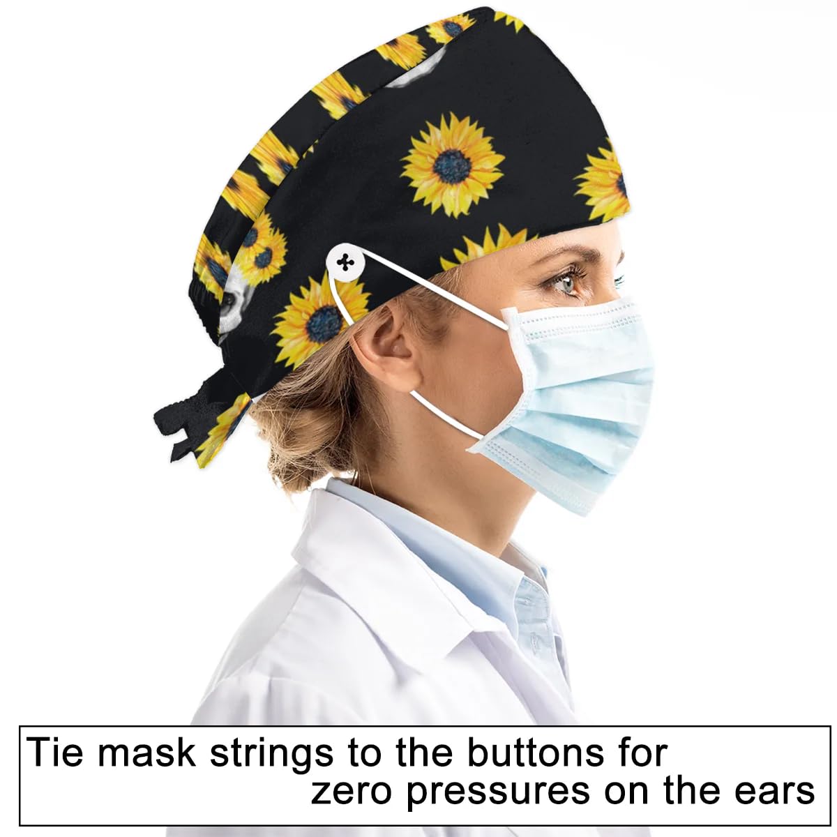 Mularoka Sunflower Wreath Skulls Working Caps with Button Sweatband Comfortable Adjustable Bouffant Hats Work Hat for Women Men