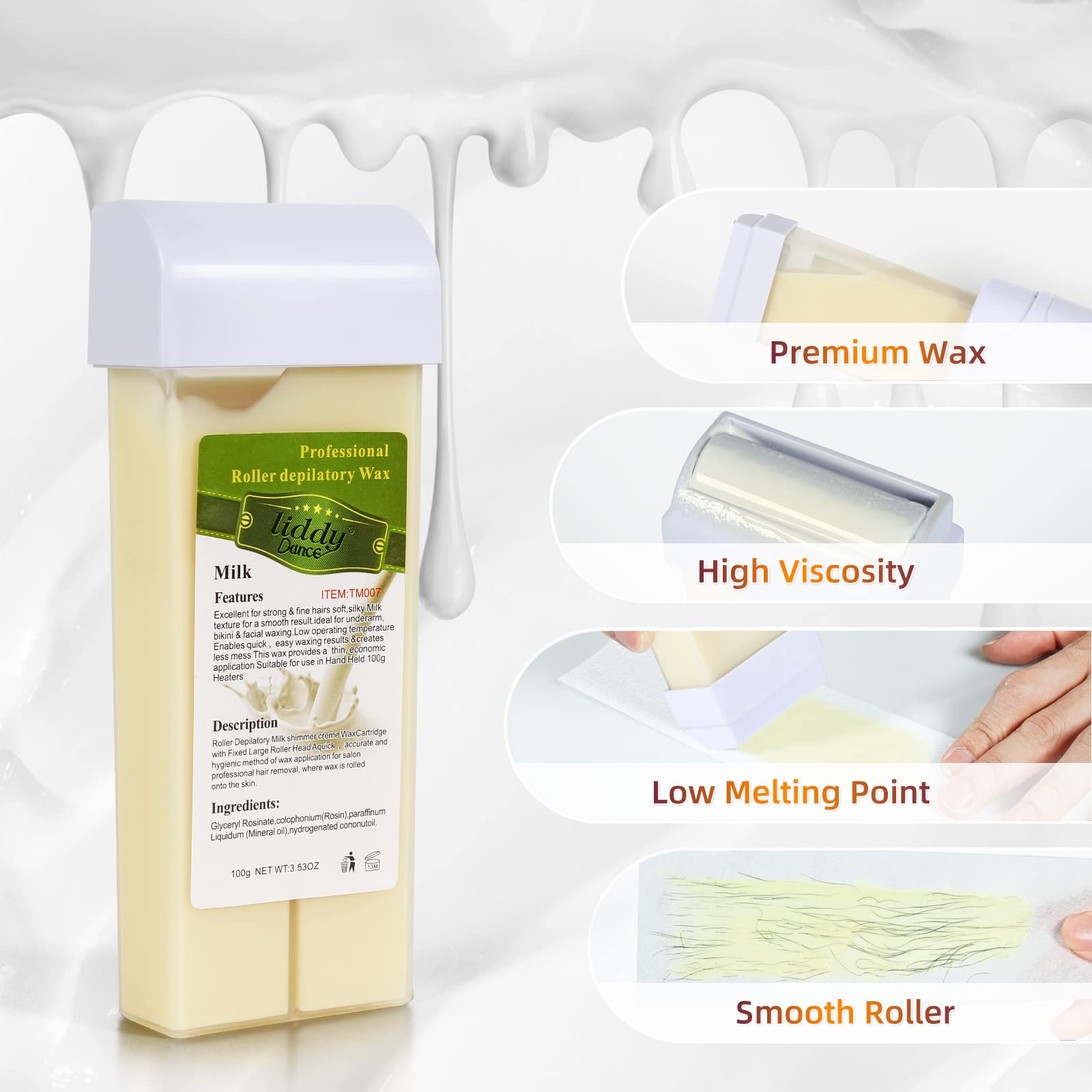 Milk Roll on Wax Wax Refills for Wax Warmer Kit Hair Removal Wax Cartridge at Home Waxing Roller Wax for Women Men Body Hair Removal Wax 4 Pack