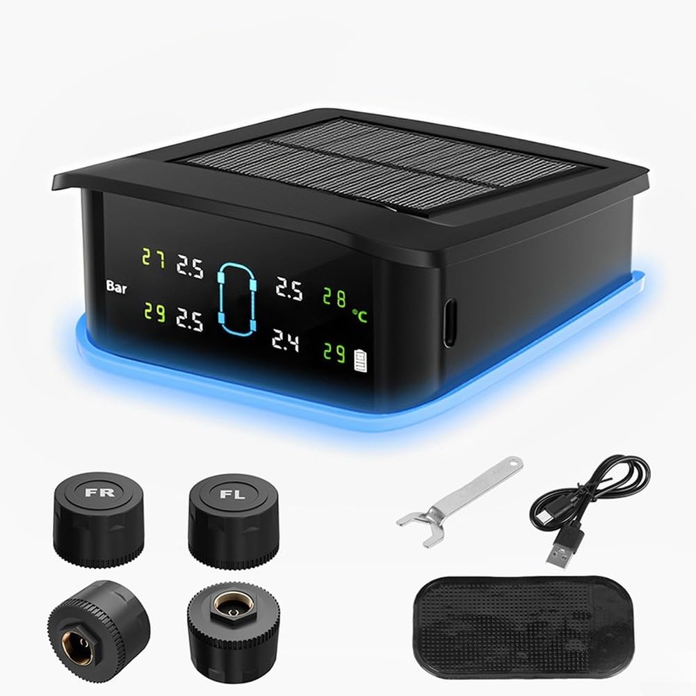 ReachMall Kabelloses TPMS Reifendruckkontrollsystem mit Echtzeit-Temperaturanzeige und Solarladeeinheit (externe 6 Räder)