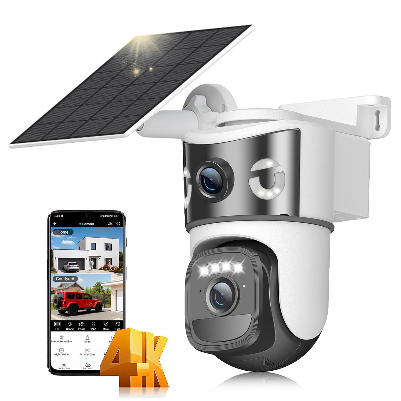 8MP Caméra de Surveillance WiFi Extérieure sans Fil,4K Double Objectif Camera Extérieur Solaire avec Panneau,355° PTZ,Vision Nocturne,Suivi Automatique,PIR Détection Humaine,Audio Bidirectionnel,IP66