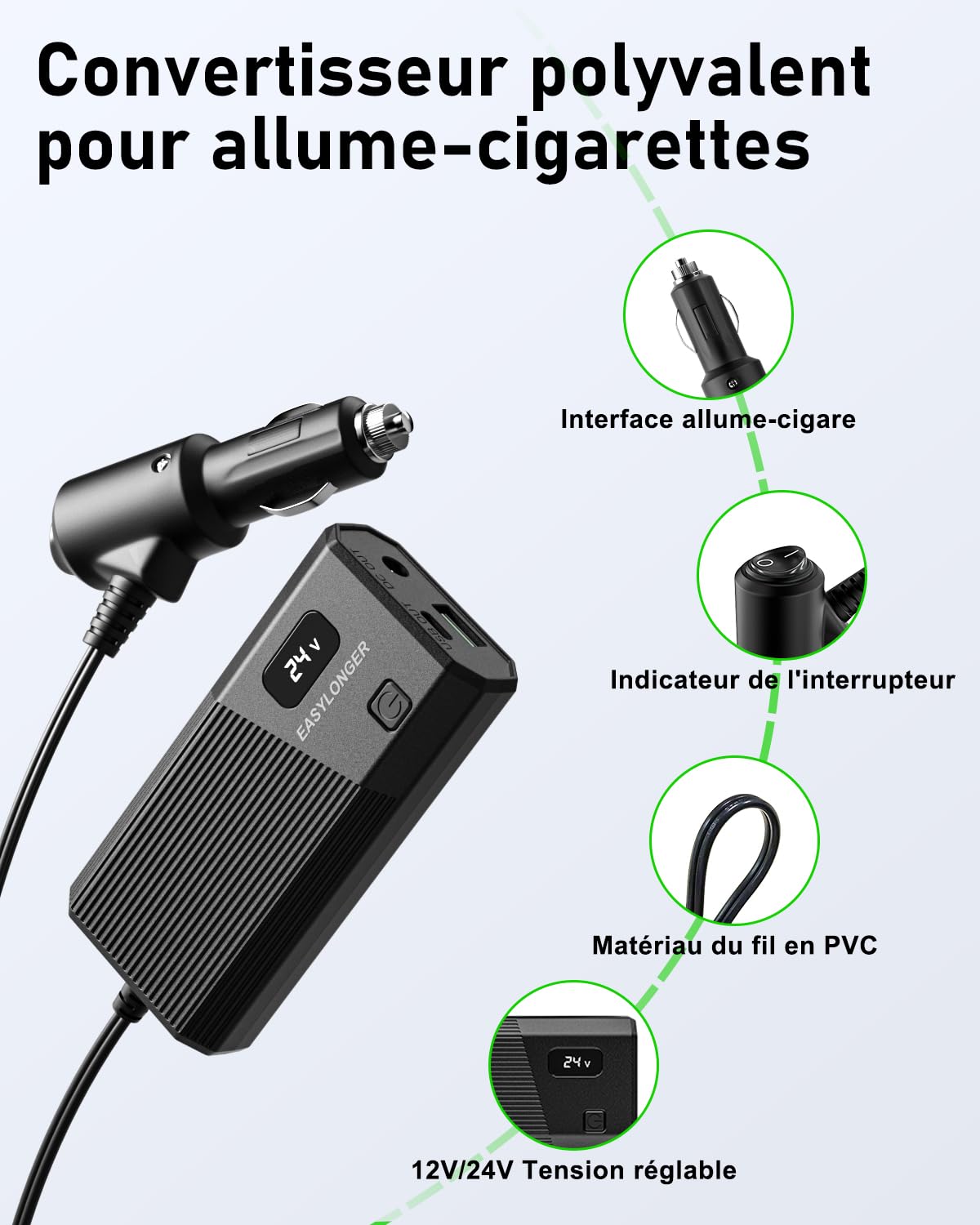 EASYLONGER 84W Chargeur Voiture pour CPAP, DC 12/24V Adaptateur Voiture | avec CPAP 4 Câbles DC pour ResMed S9/ AirSense 10/ AirCurve 10/ AirMini/AirSense 11/ Philips Dreamstation, etc