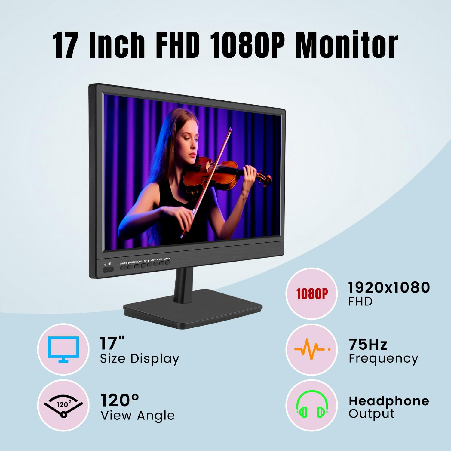 KCR Monitor LED 17 Pulgadas FHD 1920 * 1080 con Entrada HDMI VGA, Altavoces Integrados, frecuencia de actualización de 60 Hz, Tiempo de Respuesta de 5 ms | Entrada HDMI VGA, altavoces incorporados, frecuencia de actualización de 75Hz, tiempo de respuesta