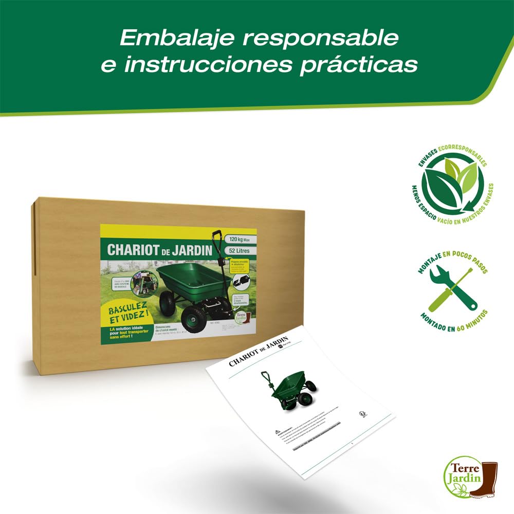 TERRE JARDIN Carretilla de Jardín 4 Ruedas Hinchables 120 Kg, Cubeta Basculante 52 L, Carro para Leña, Transporte de Leña, Remolque Enganche Integrado - Capacidad Basculada 80 Kg
