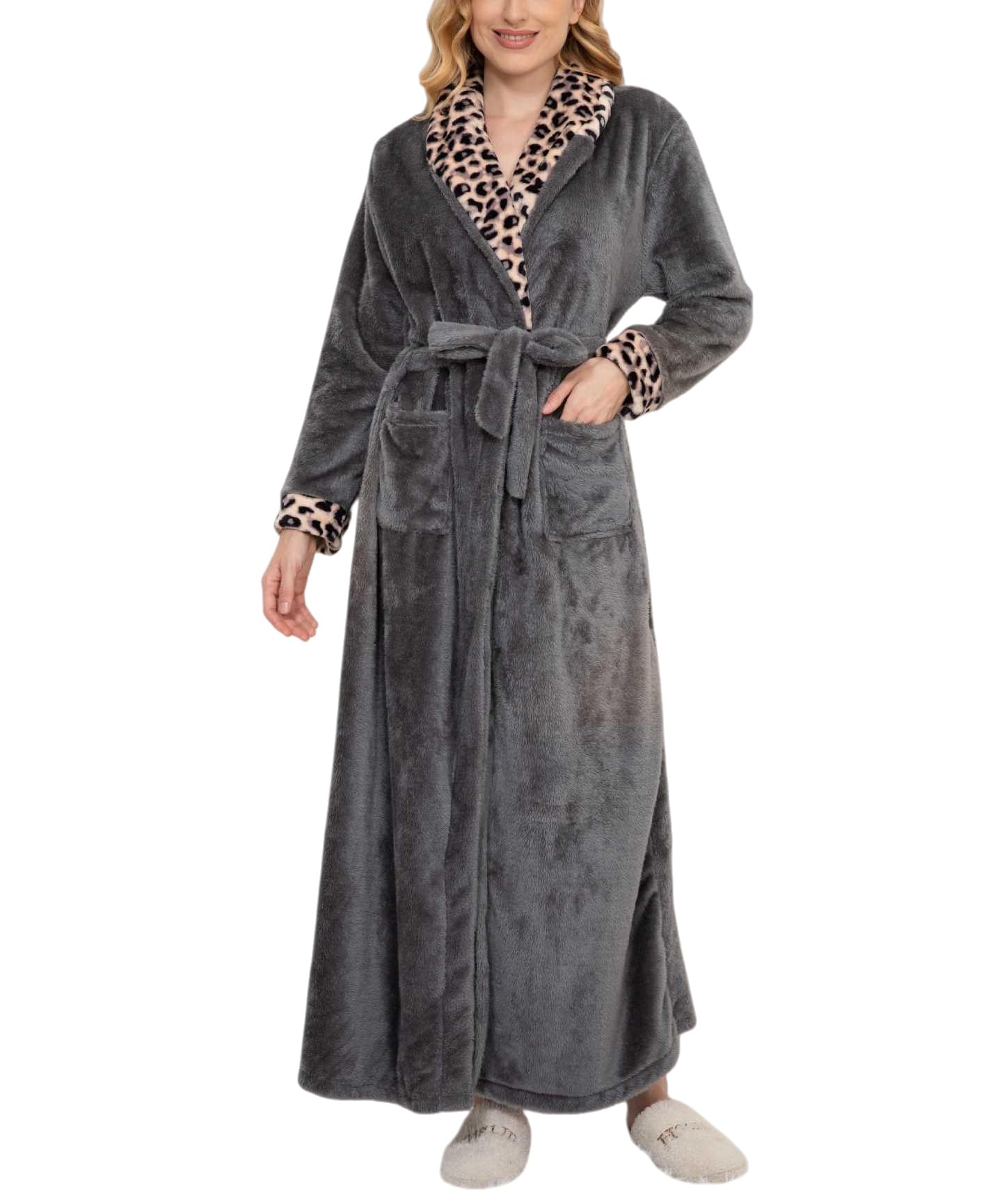 Albornoz de Felpa Gris con Capucha para Mujer, con Estampado de Leopardo, Cómodo para El Hogar, con Cuello En V y Manga Larga, Ideal para Dormir En Invierno y Otoño.