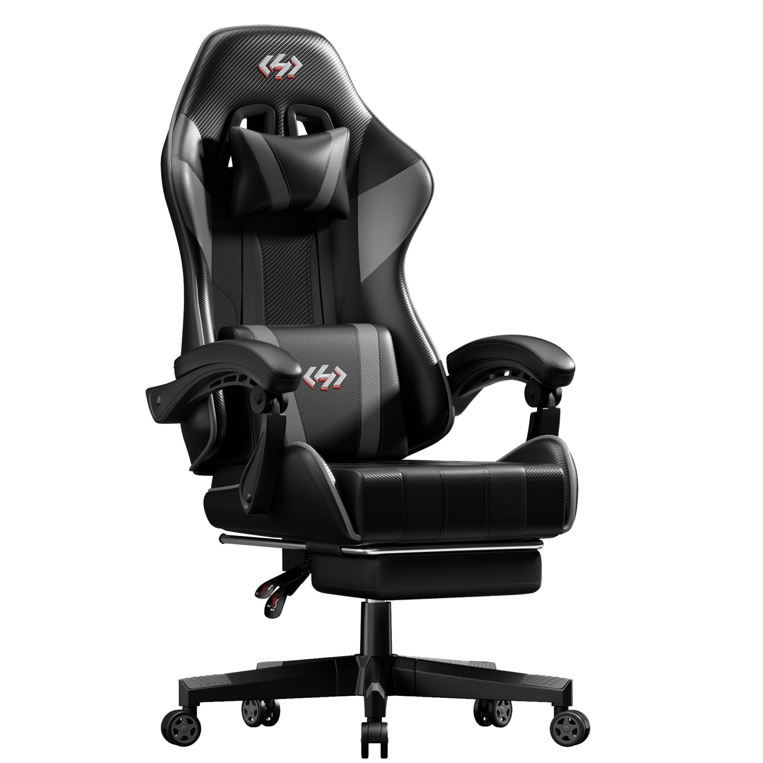 HLFURNIEU Silla Gaming Ergonómica, Silla Gamer con Reposapiés y Soporte Lumbar, Silla Ordenador con Spring Cushion, Sillon Gamer Altura Regulable, Respaldo Ajustable, Cadeira Gaming Negro y Gris