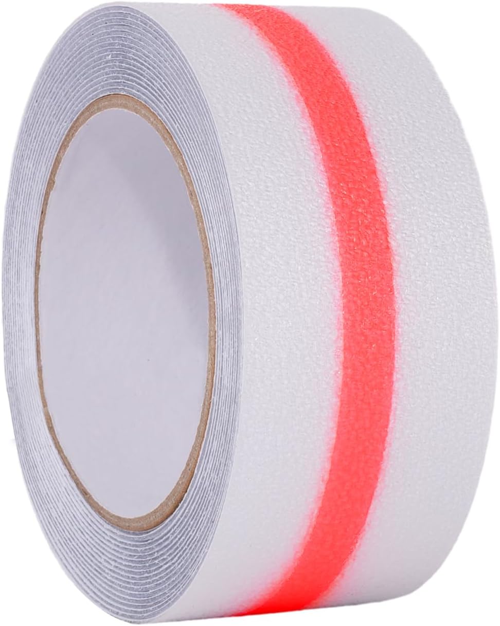Clear Grip Tape for Stairs Anti Slip Tape with Red Luminous Stripe 2Inch x 16.4Ft, Heavy Duty Non Skid Tape Waterproof, Soft, Comfortable for Bare Feet- for Stairs,Tread Step, Indoor, Outdoor