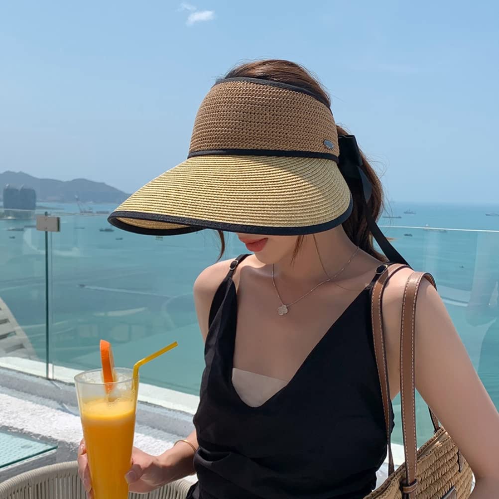Sombrero de visera solar, visera plegable de paja para mujer, protección solar, ala ancha, lazo vacío, transpirable, sombrero de playa de verano, paja de ala ancha para mujer