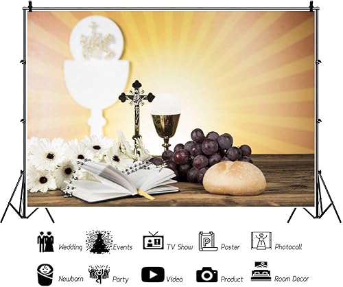 Miniatura 3 de DASHAN Telón de fondo de poliéster de 8 x 6 pies para fiesta de bautismo, primera comunión, cruz, grial, uvas, pan, cruz dorada, Dios bendiga