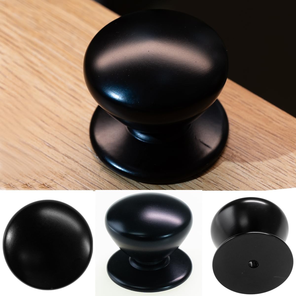 trust4care 4-Pack Extra Large Matt Black Bifold Closet Door Knobs with Wide Base, Heavy Hallway Wardrobe Dresser Kitchen Cabinet Dummy Pull Doorknobs, 1-3/5" Sideboard Drawer Handles