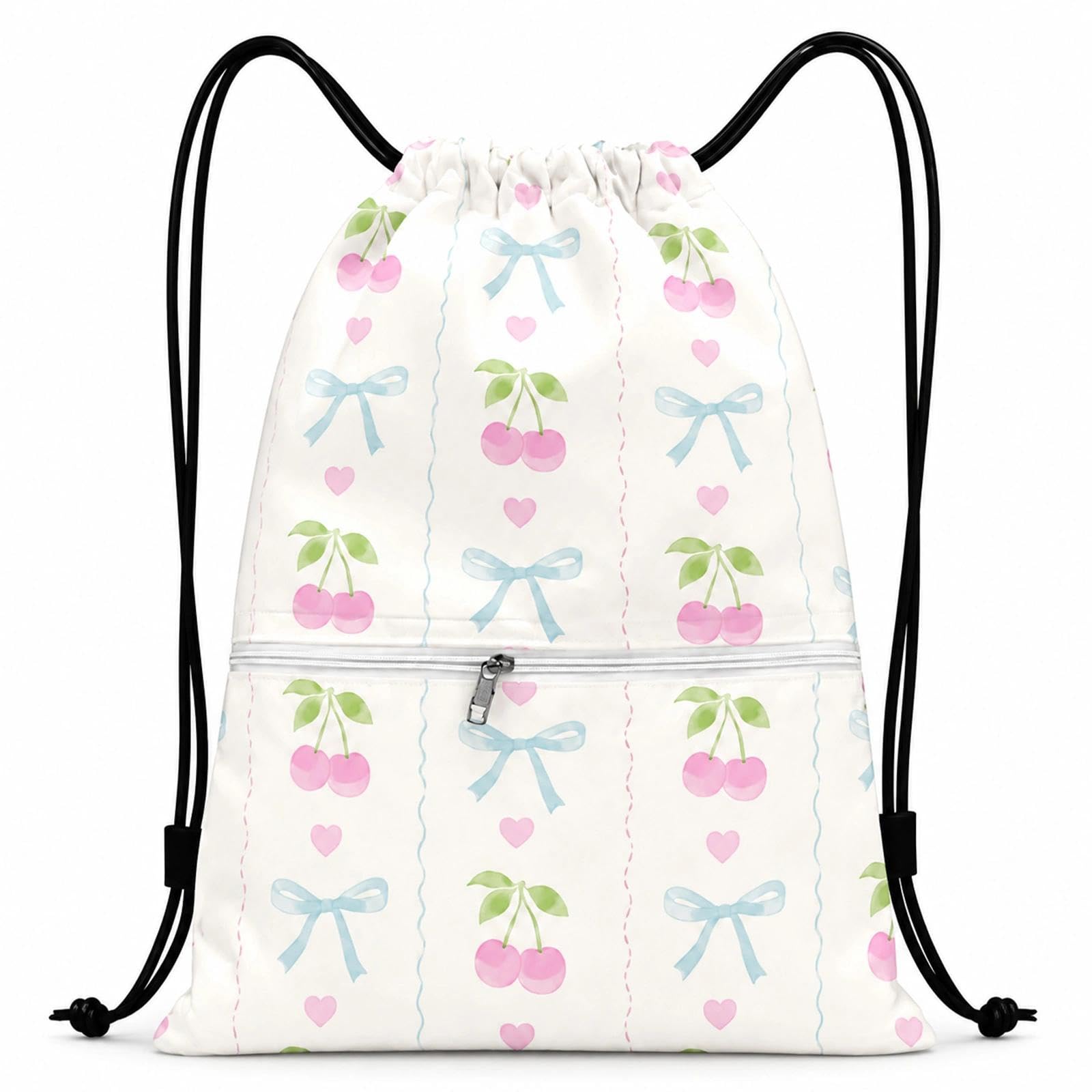 ZENITHYX Bow Drawstring Bag, Cherry Bow Drawstring Backpack with Zipper Pocket for Sports School PE Gym, Waterproof Swimming Bags for Girls Women